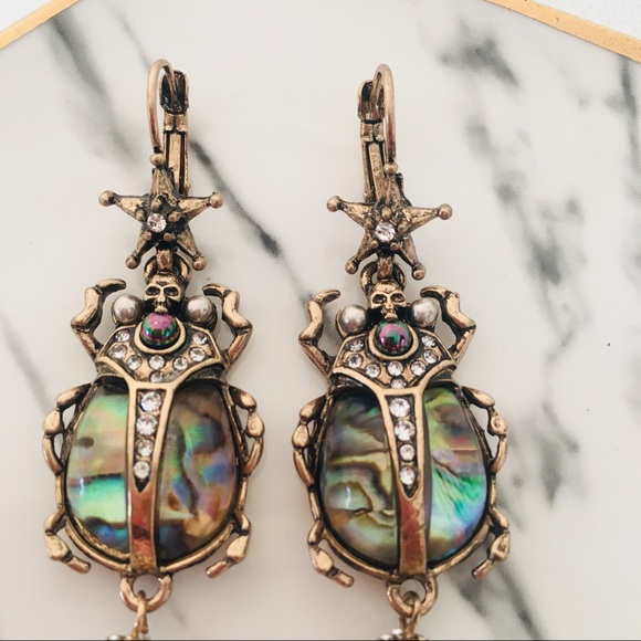 2/$25 Scarab Beetle Skull Faux Pearl Drop Earrings - Picture 3 of 8